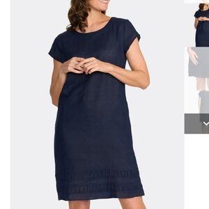 Women's FOIL 100% Linen Navy Blue Shift Dress UK Brand 12
